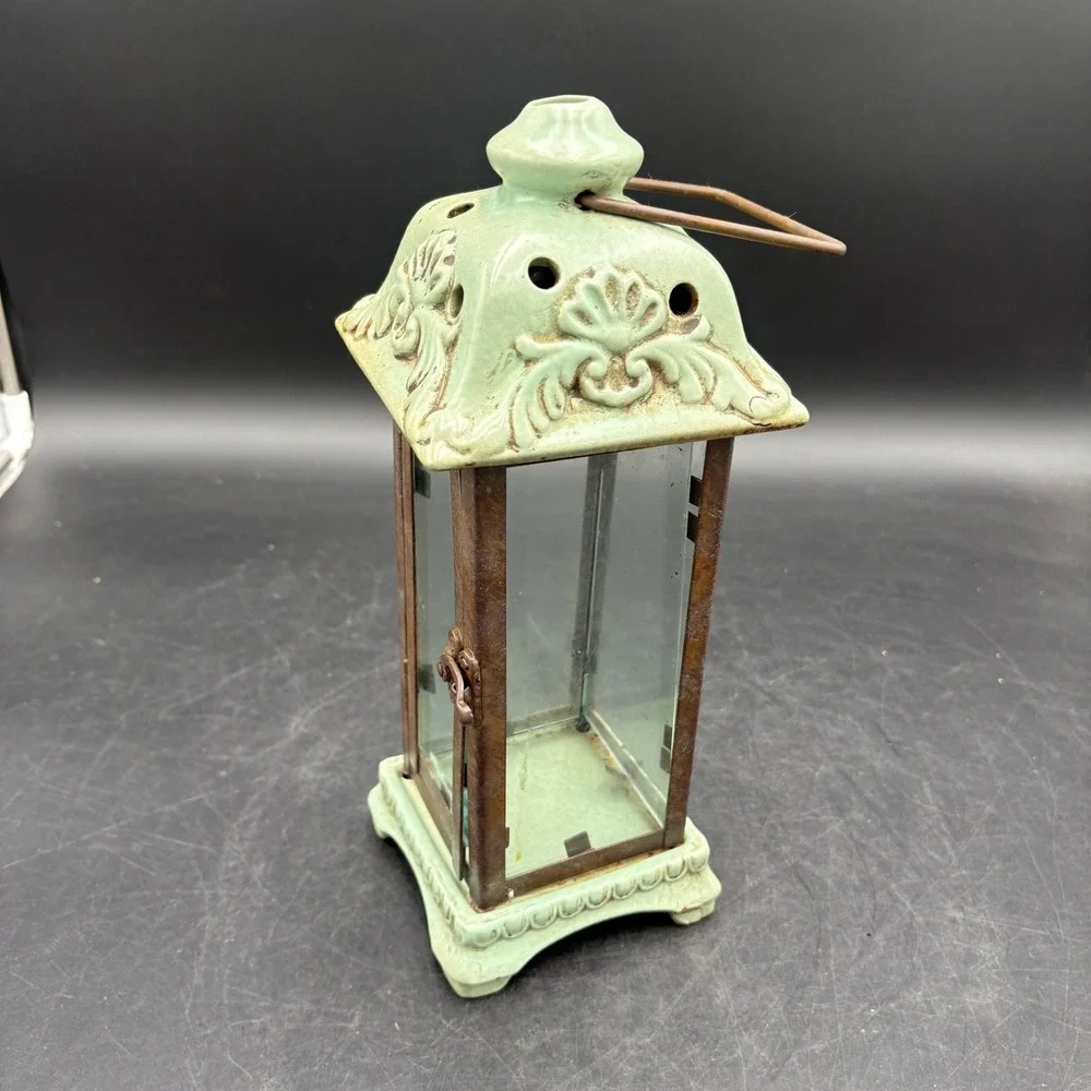 Vtg Heavy Sage Green Ceramic and Metal Glass Candle Lantern Rustic Decor Patina